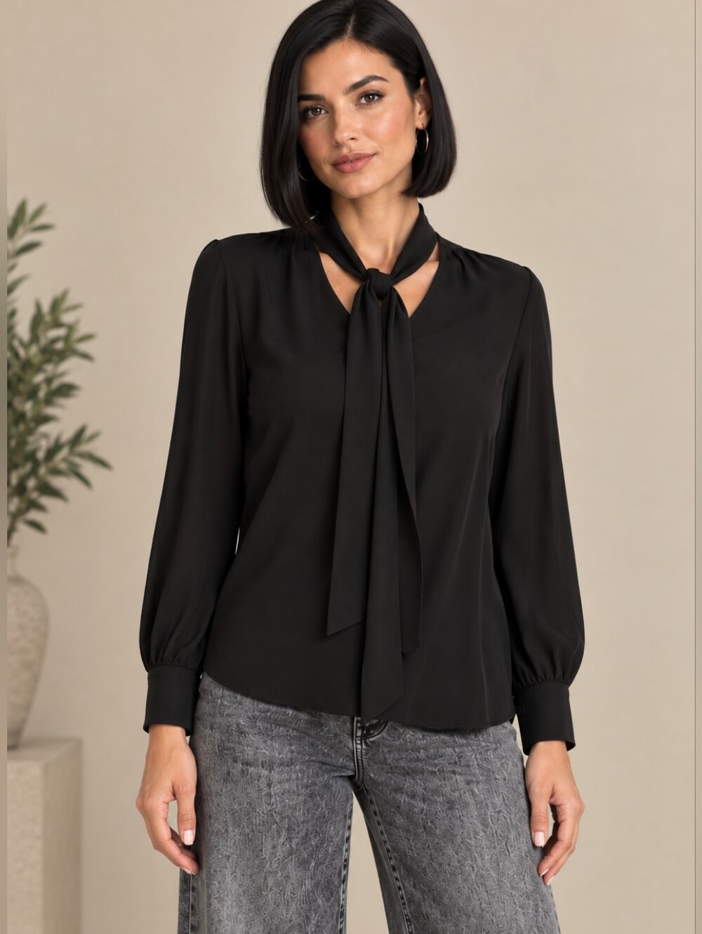 Elie Tahari Tie Front Long Sleeve Blouse Size Medium Black